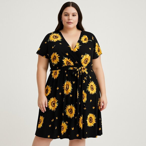 Torrid Womens Studio Knit Surplice Dress Sunflower Floral Stretch Size 3X - Picture 1 of 13
